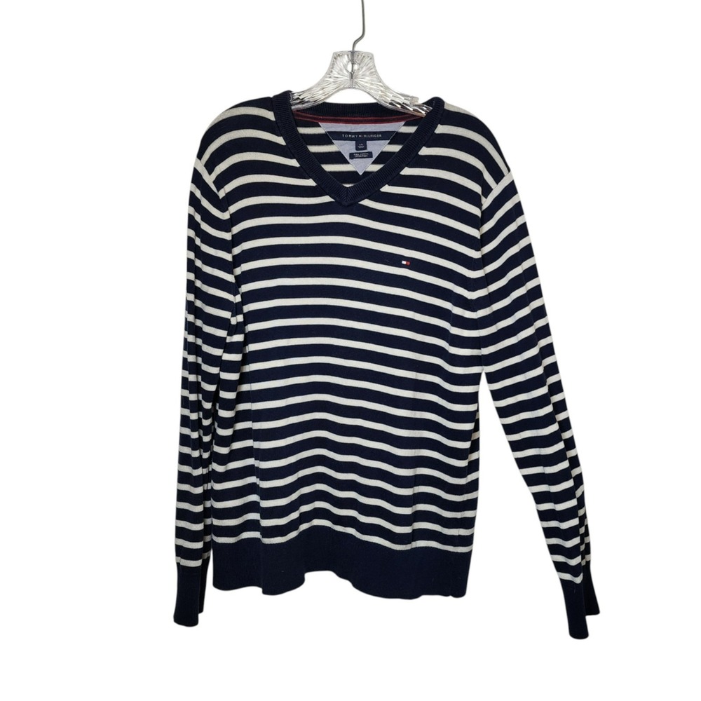 Tommy Hilfiger Pima Cotton V-Neck Sweater Men's L Navy White Stripe Flag Logo